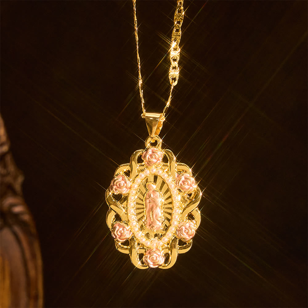 Rose Accent Our Lady Oval Necklace