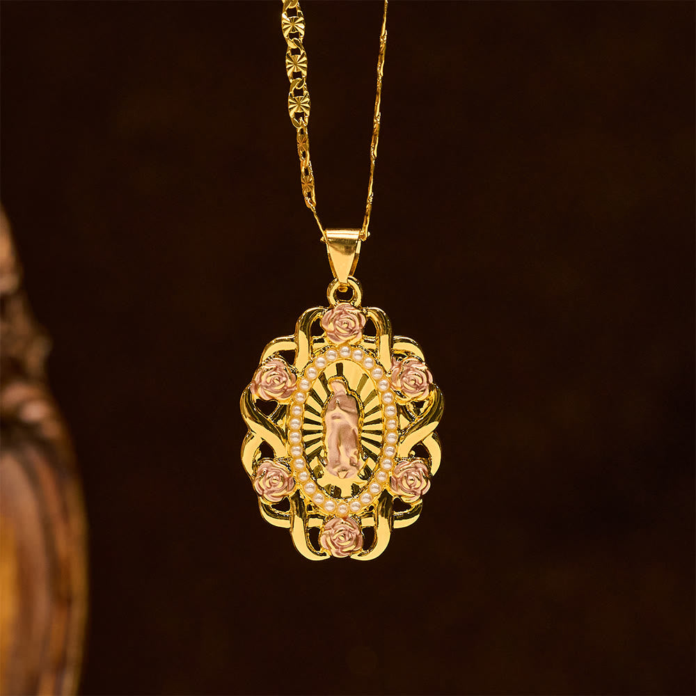 Rose Accent Our Lady Oval Necklace