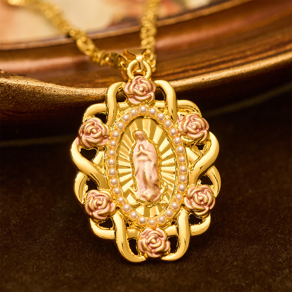 Rose Accent Our Lady Oval Necklace