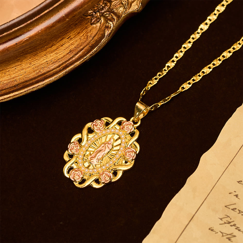 Rose Accent Our Lady Oval Necklace