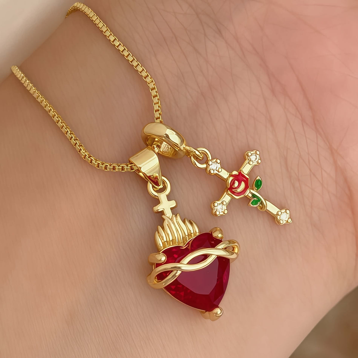 Sacred Heart & Rose Cross Pendant Necklace