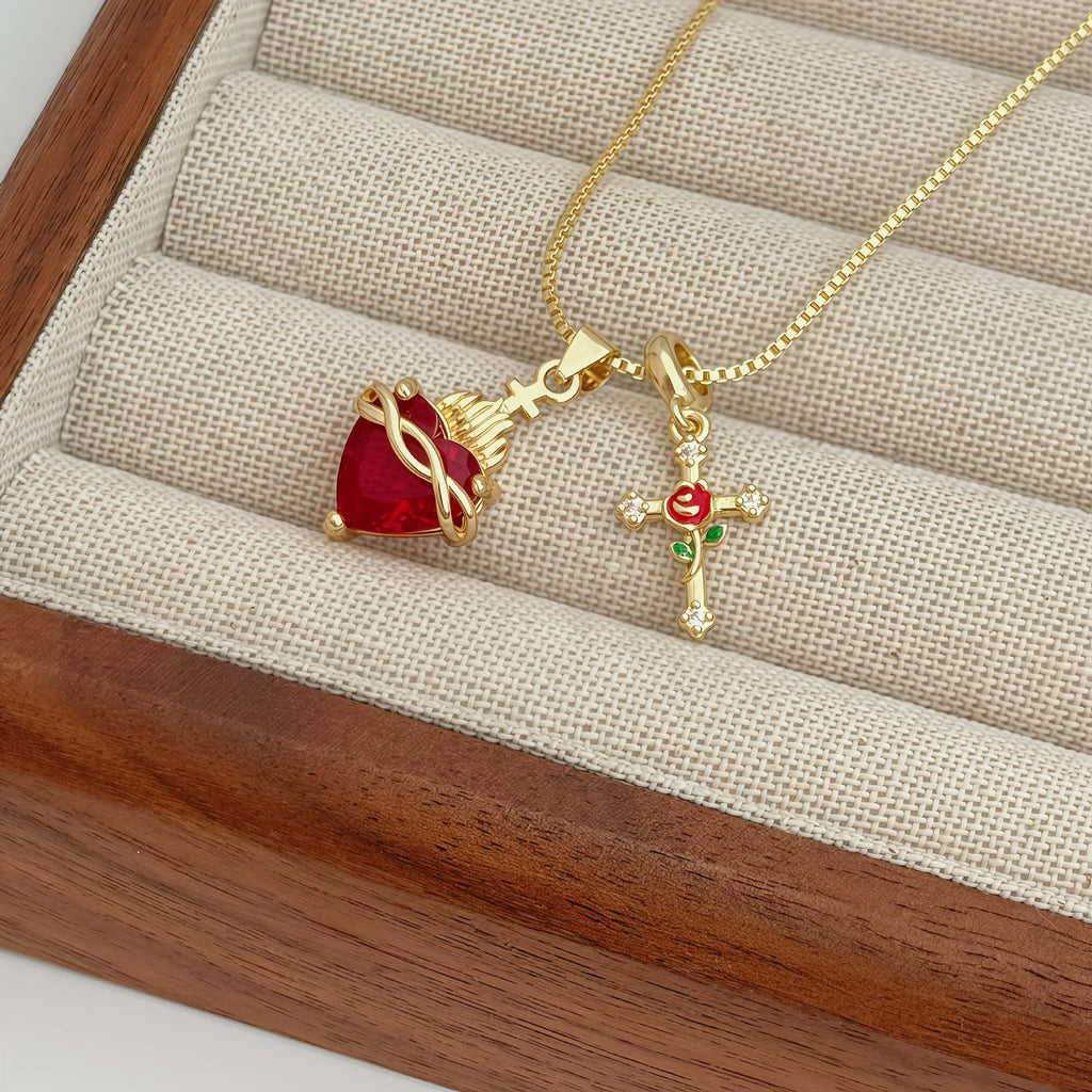 Sacred Heart & Rose Cross Pendant Necklace