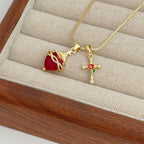Sacred Heart & Rose Cross Pendant Necklace