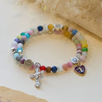 6mm Multicolor Cat's Eye Memory Wire Rosary Bracelet with St. Benedict
