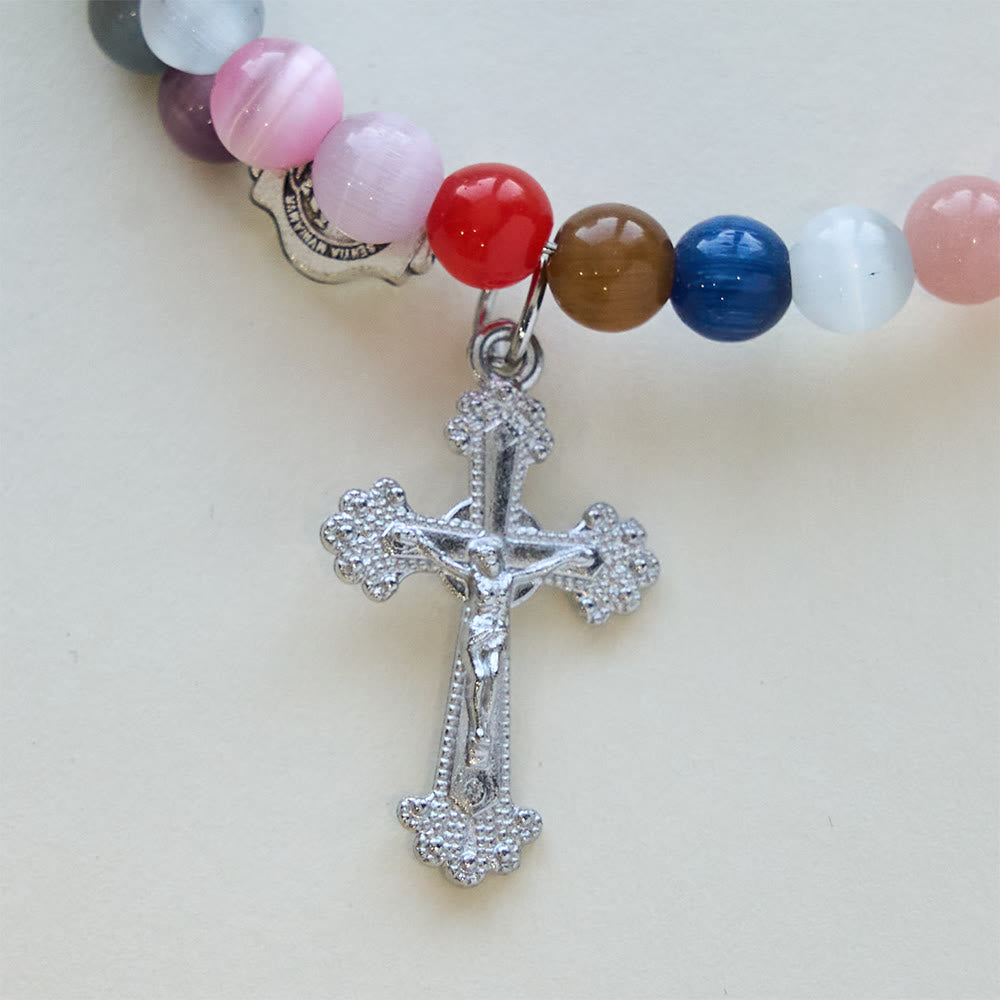 6mm Multicolor Cat's Eye Memory Wire Rosary Bracelet with St. Benedict