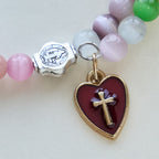6mm Multicolor Cat's Eye Memory Wire Rosary Bracelet with St. Benedict