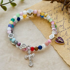 6mm Multicolor Cat's Eye Memory Wire Rosary Bracelet with St. Benedict