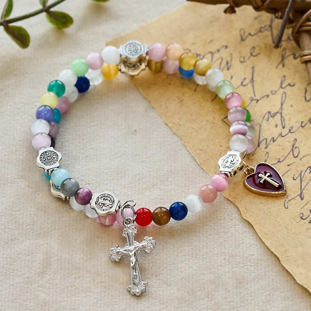 6mm Multicolor Cat's Eye Memory Wire Rosary Bracelet with St. Benedict