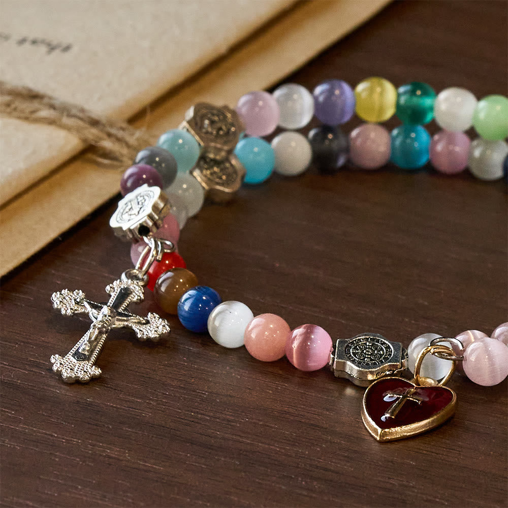 6mm Multicolor Cat's Eye Memory Wire Rosary Bracelet with St. Benedict