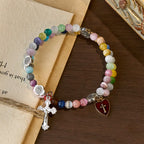 6mm Multicolor Cat's Eye Memory Wire Rosary Bracelet with St. Benedict