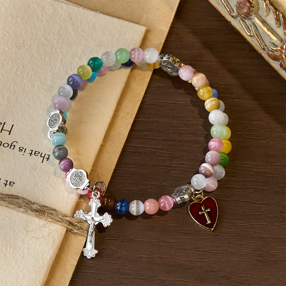 6mm Multicolor Cat's Eye Memory Wire Rosary Bracelet with St. Benedict