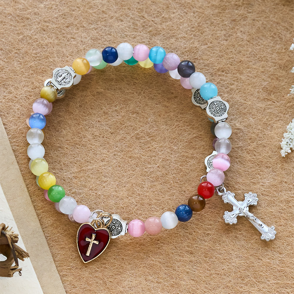 6mm Multicolor Cat's Eye Memory Wire Rosary Bracelet with St. Benedict