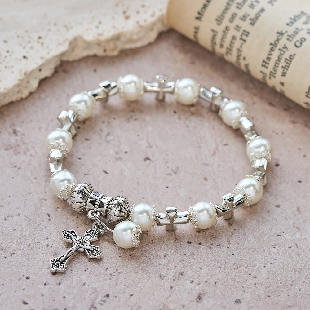 Silver Cross Accent Beaded Bracelet