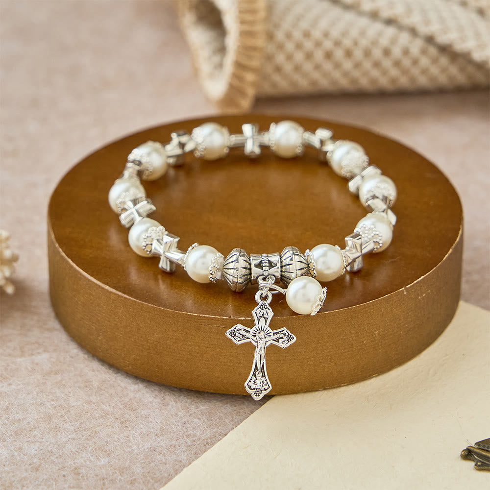 Silver Cross Accent Beaded Bracelet