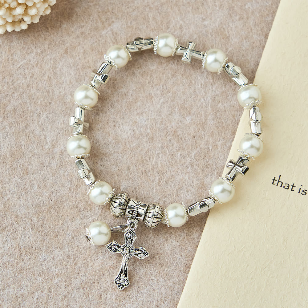 Silver Cross Accent Beaded Bracelet