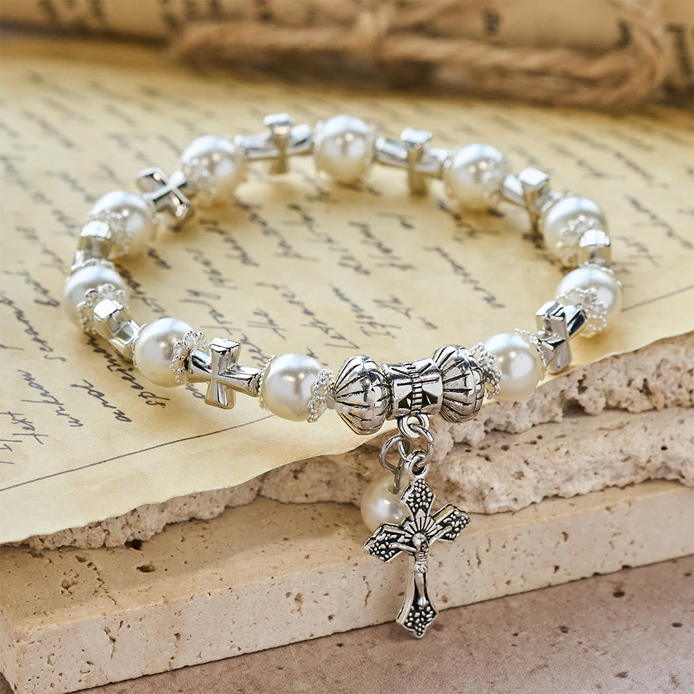 Silver Cross Accent Beaded Bracelet