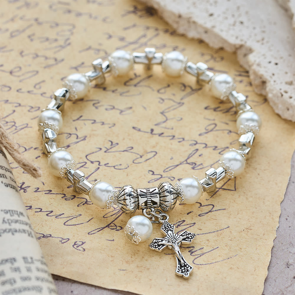 Silver Cross Accent Beaded Bracelet