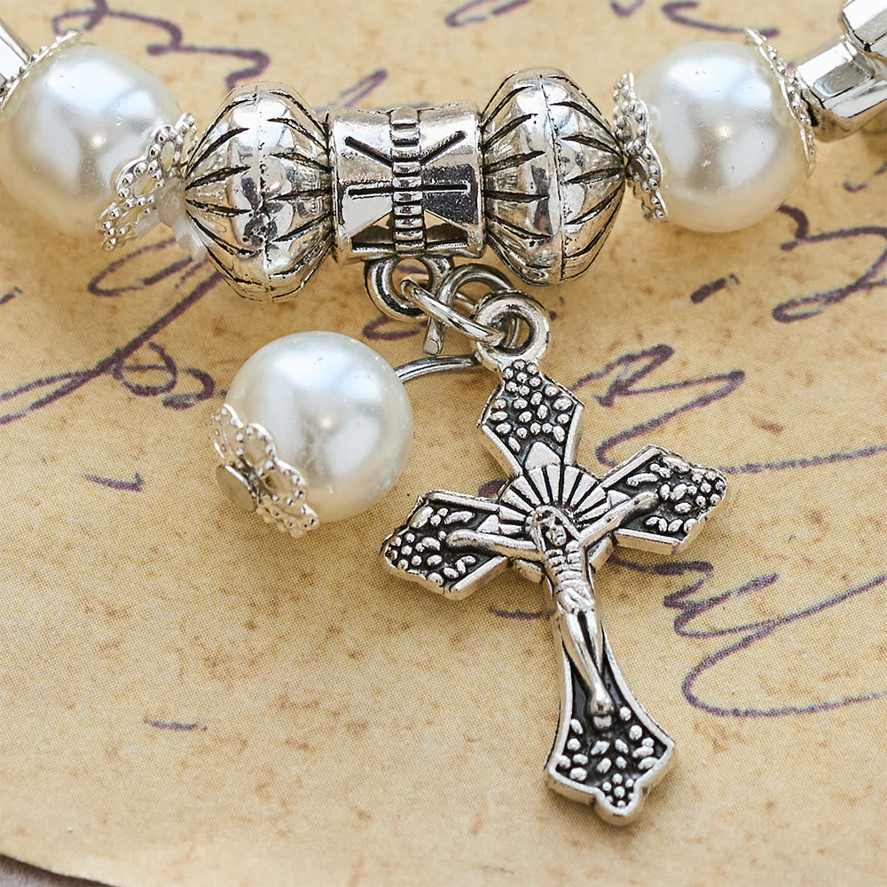 Silver Cross Accent Beaded Bracelet