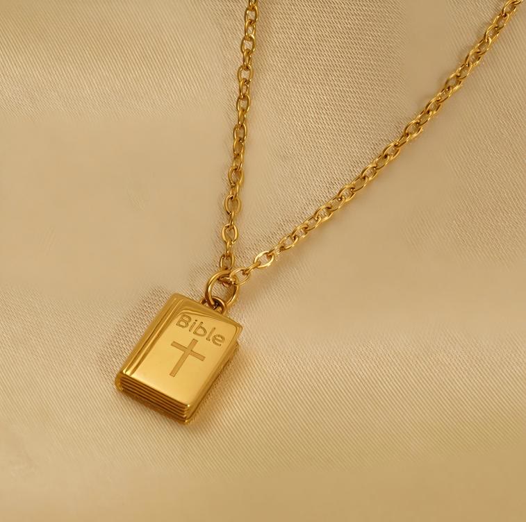 Bible Pendant Necklace with Cross Motif
