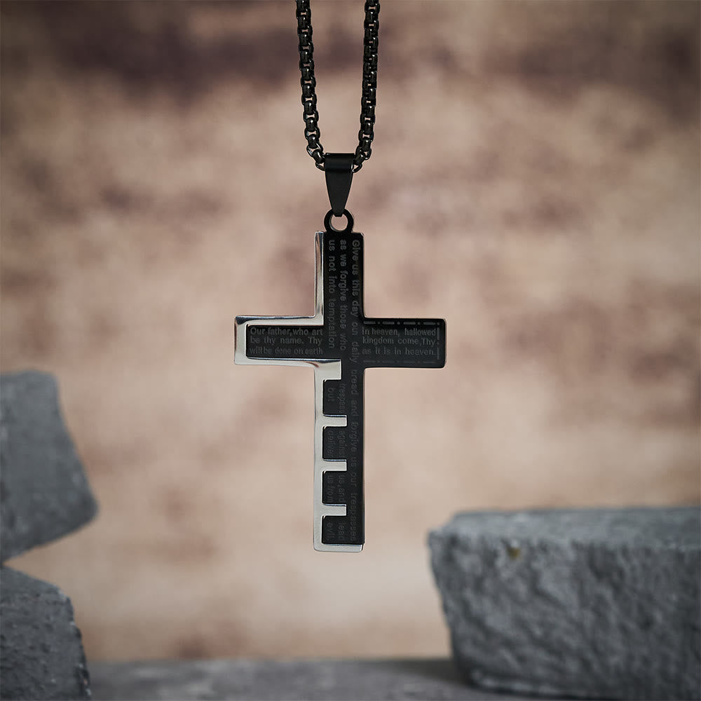 Modern Tri-Color Lord's Prayer Cross Necklace