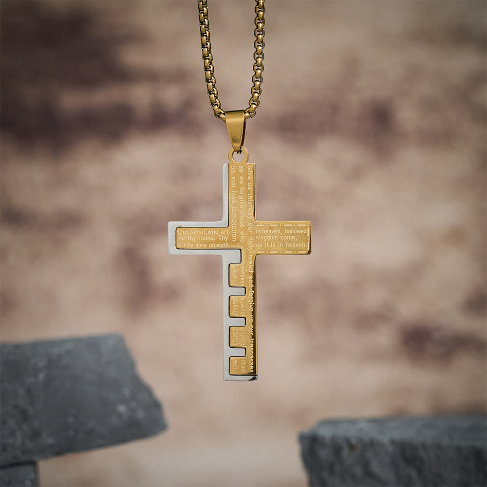 Modern Tri-Color Lord's Prayer Cross Necklace