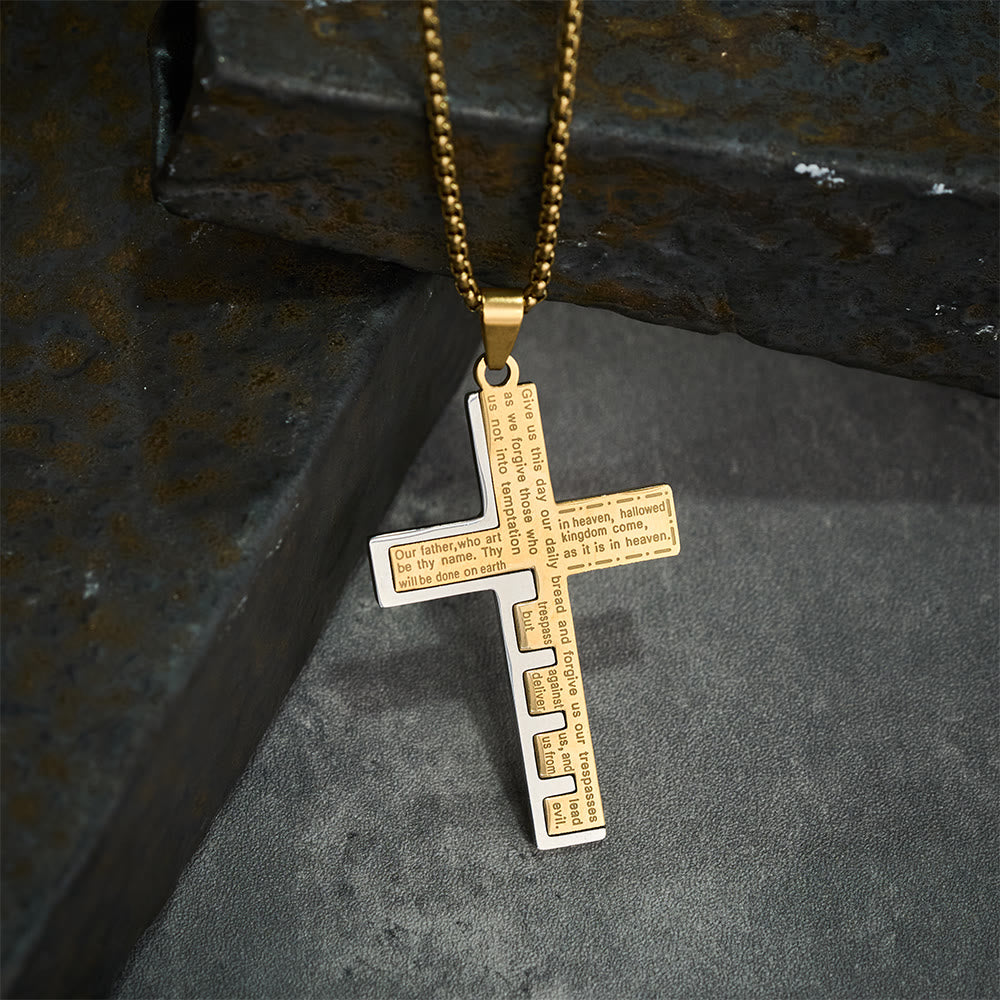 Modern Tri-Color Lord's Prayer Cross Necklace