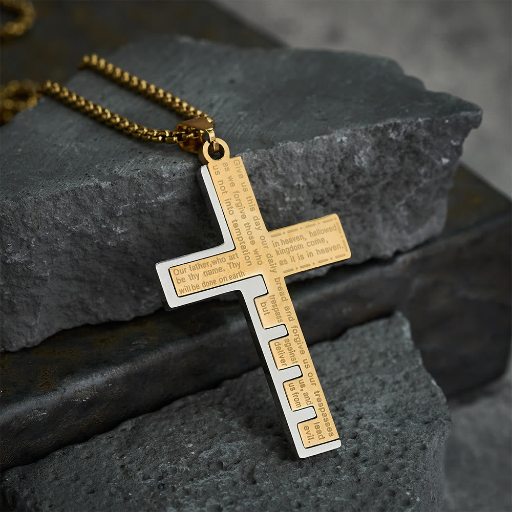 Modern Tri-Color Lord's Prayer Cross Necklace