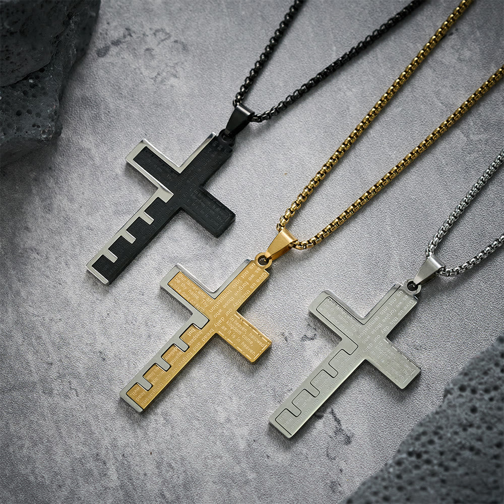 Modern Tri-Color Lord's Prayer Cross Necklace