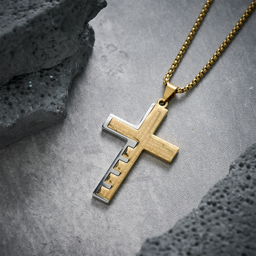 Modern Tri-Color Lord's Prayer Cross Necklace