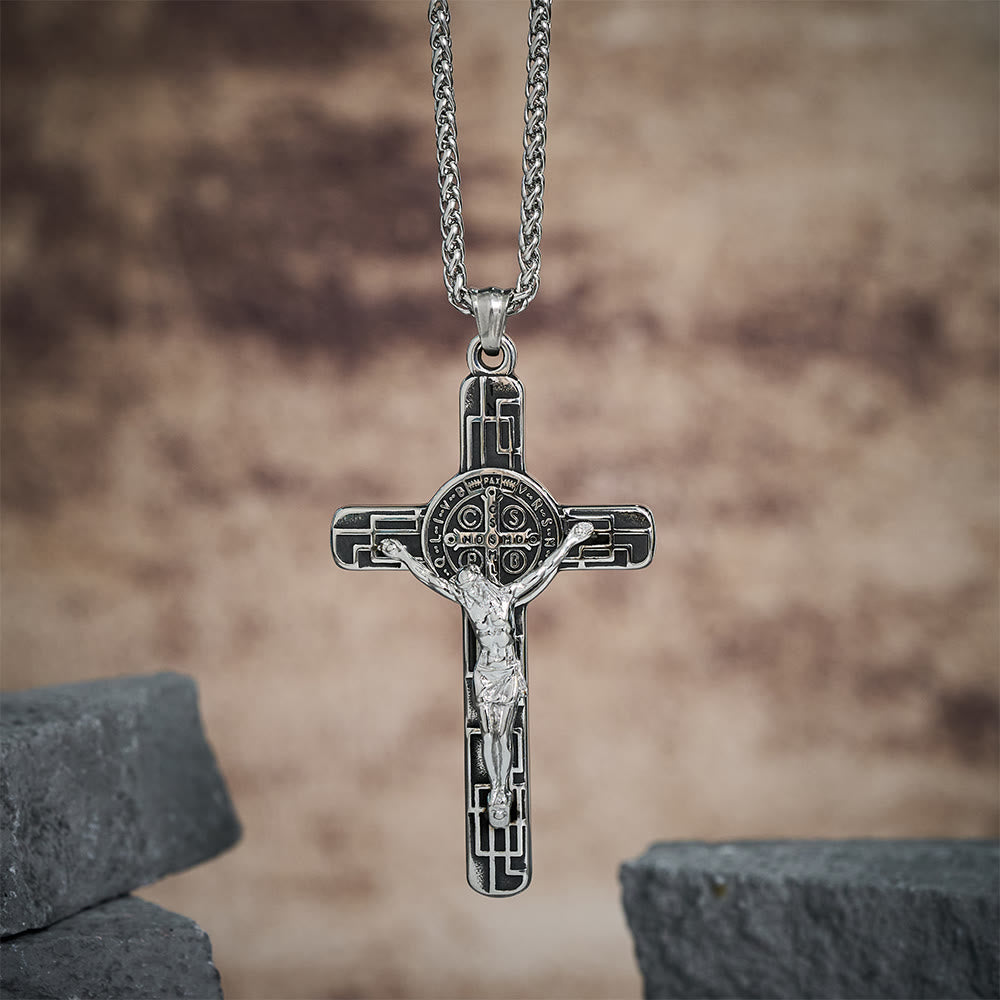 Classic Retro Style Crucifix St. Benedict Medal Protection Pendant