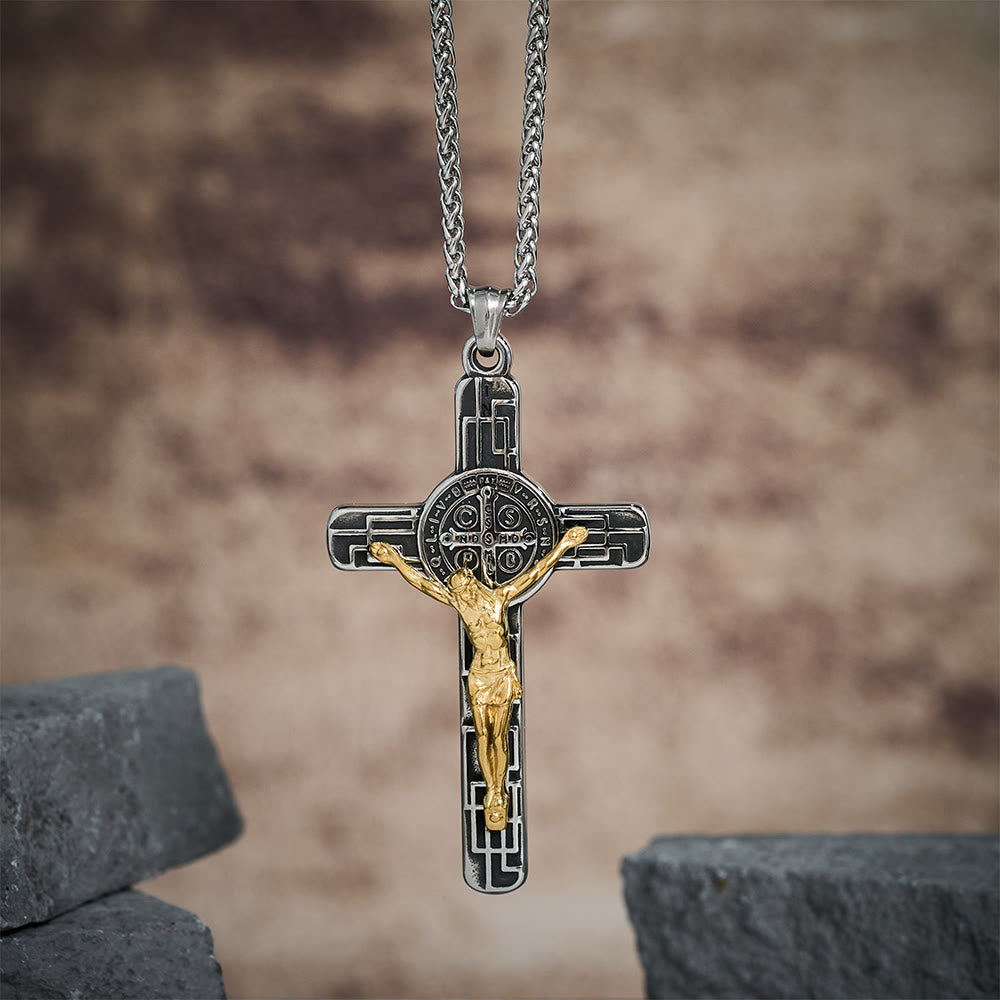 Classic Retro Style Crucifix St. Benedict Medal Protection Pendant