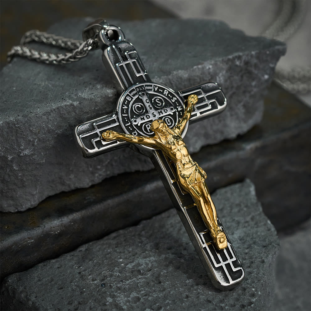 Classic Retro Style Crucifix St. Benedict Medal Protection Pendant