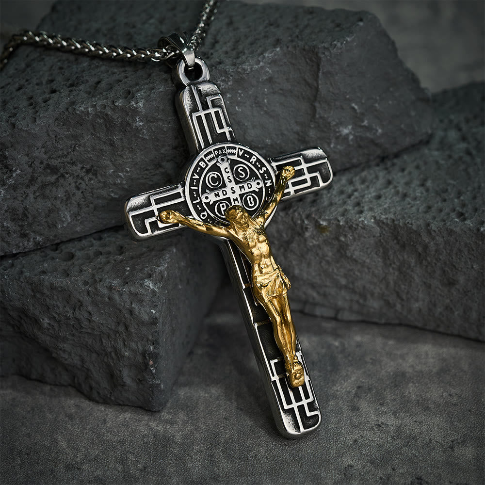 Classic Retro Style Crucifix St. Benedict Medal Protection Pendant