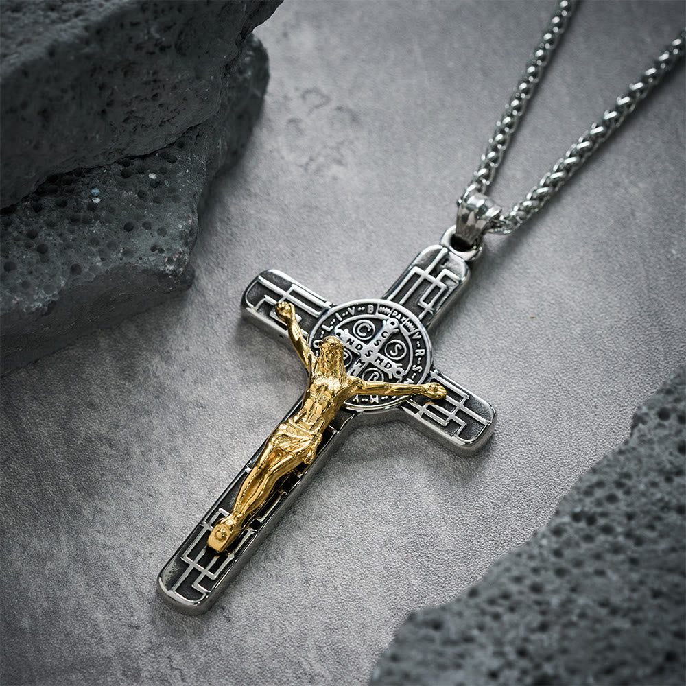 Classic Retro Style Crucifix St. Benedict Medal Protection Pendant