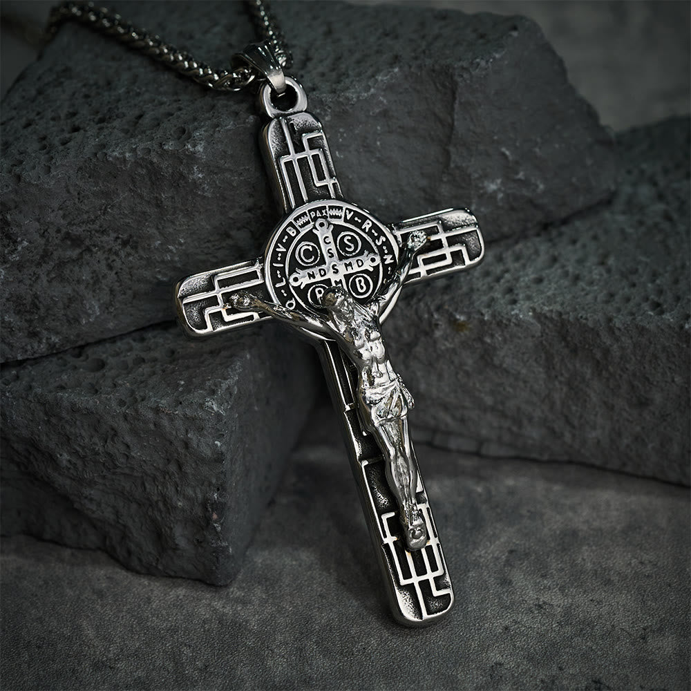 Classic Retro Style Crucifix St. Benedict Medal Protection Pendant