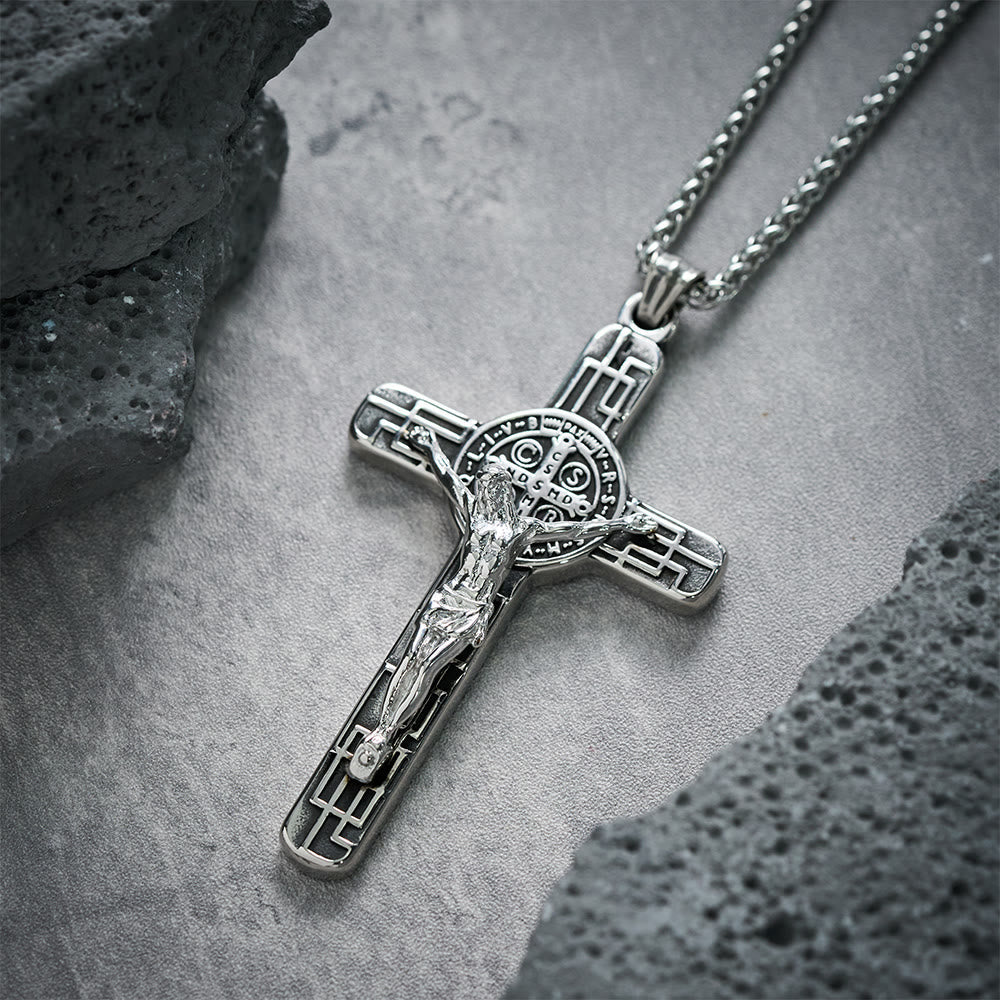 Classic Retro Style Crucifix St. Benedict Medal Protection Pendant