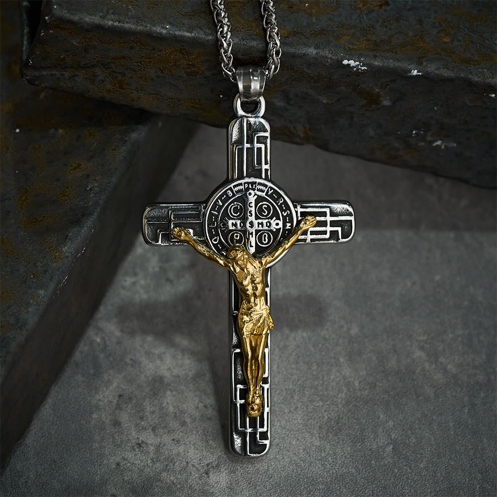 Classic Retro Style Crucifix St. Benedict Medal Protection Pendant