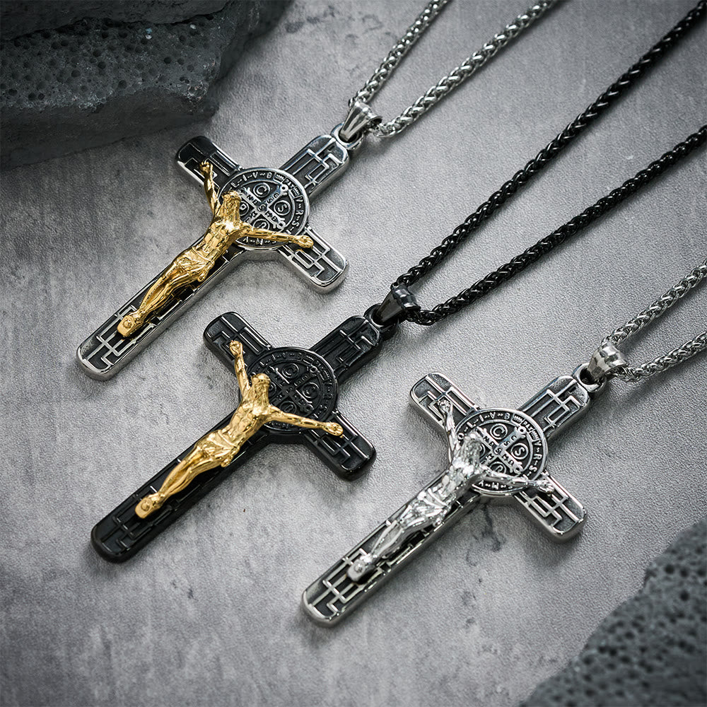 Classic Retro Style Crucifix St. Benedict Medal Protection Pendant