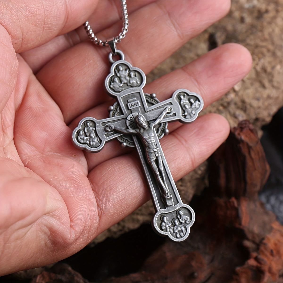 Ornate Crucifix Jesus Silhouette Link Chain Necklace