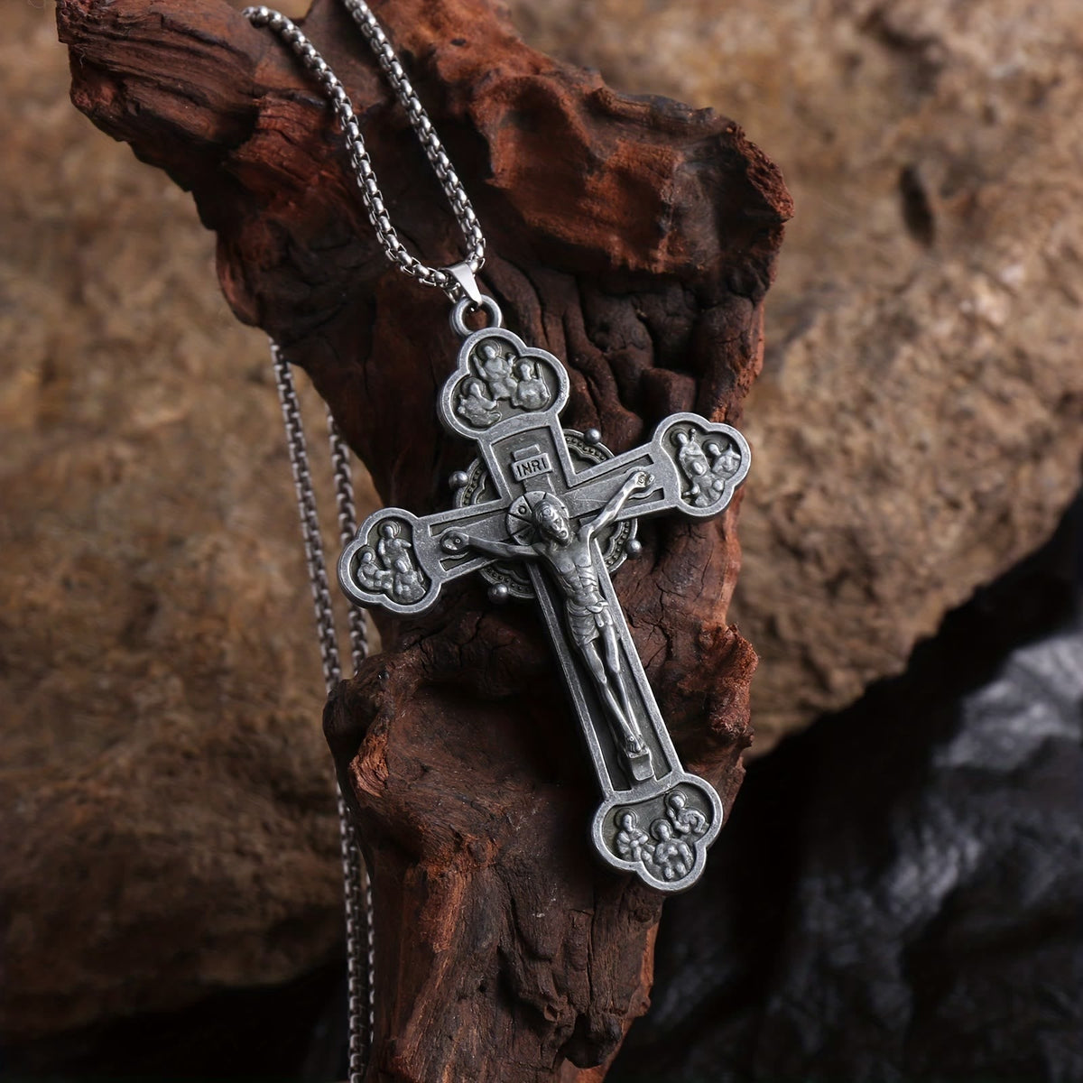Ornate Crucifix Jesus Silhouette Link Chain Necklace