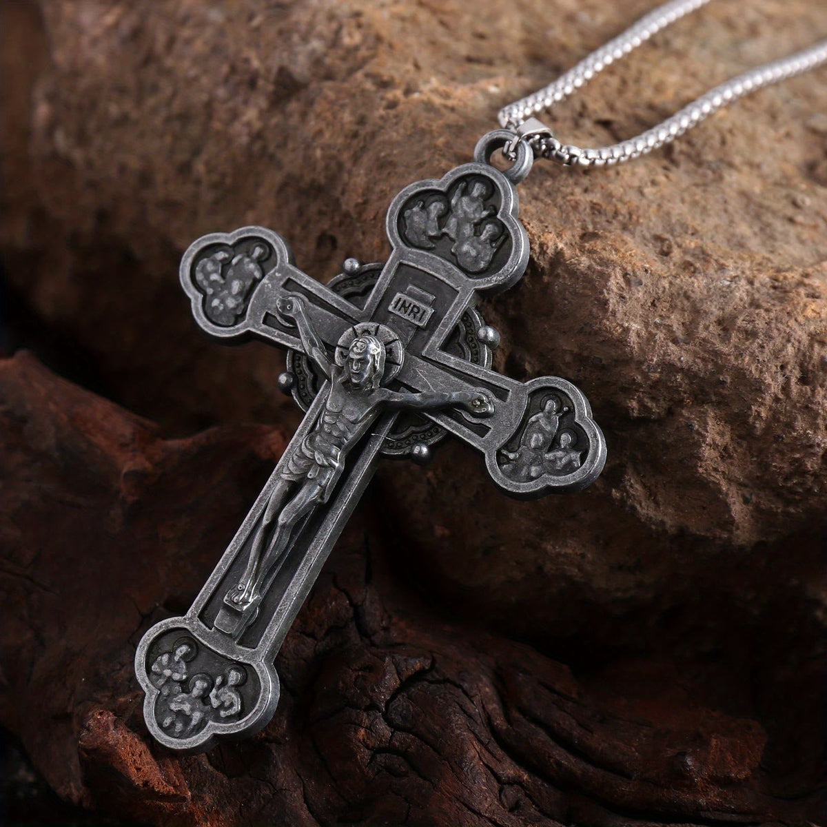 Ornate Crucifix Jesus Silhouette Link Chain Necklace
