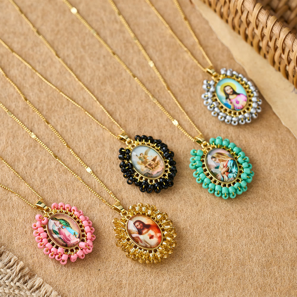 Marian Icon Beaded Oval Pendant Necklace