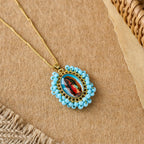 Marian Icon Beaded Oval Pendant Necklace
