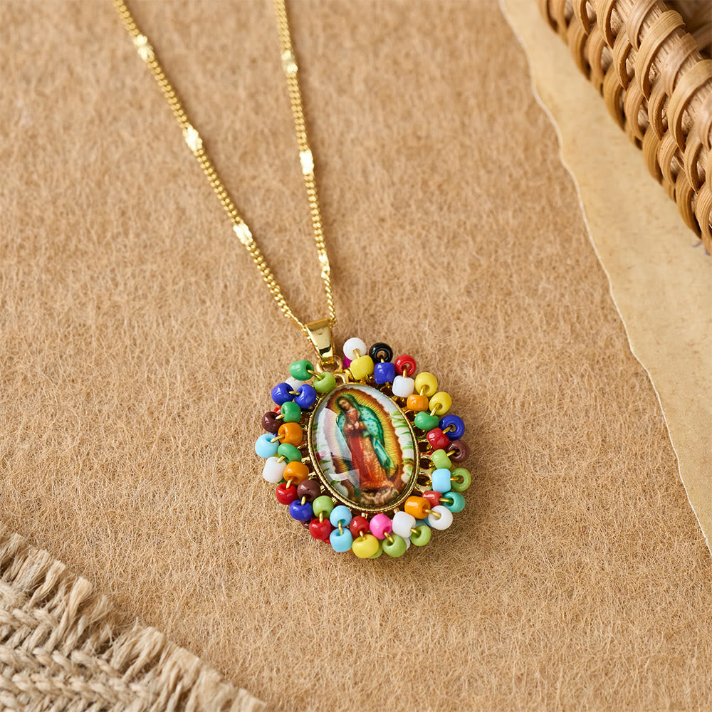 Marian Icon Beaded Oval Pendant Necklace