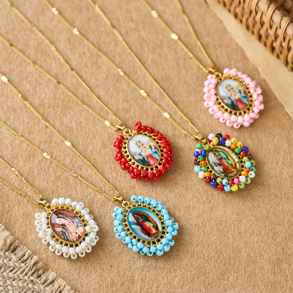 Marian Icon Beaded Oval Pendant Necklace