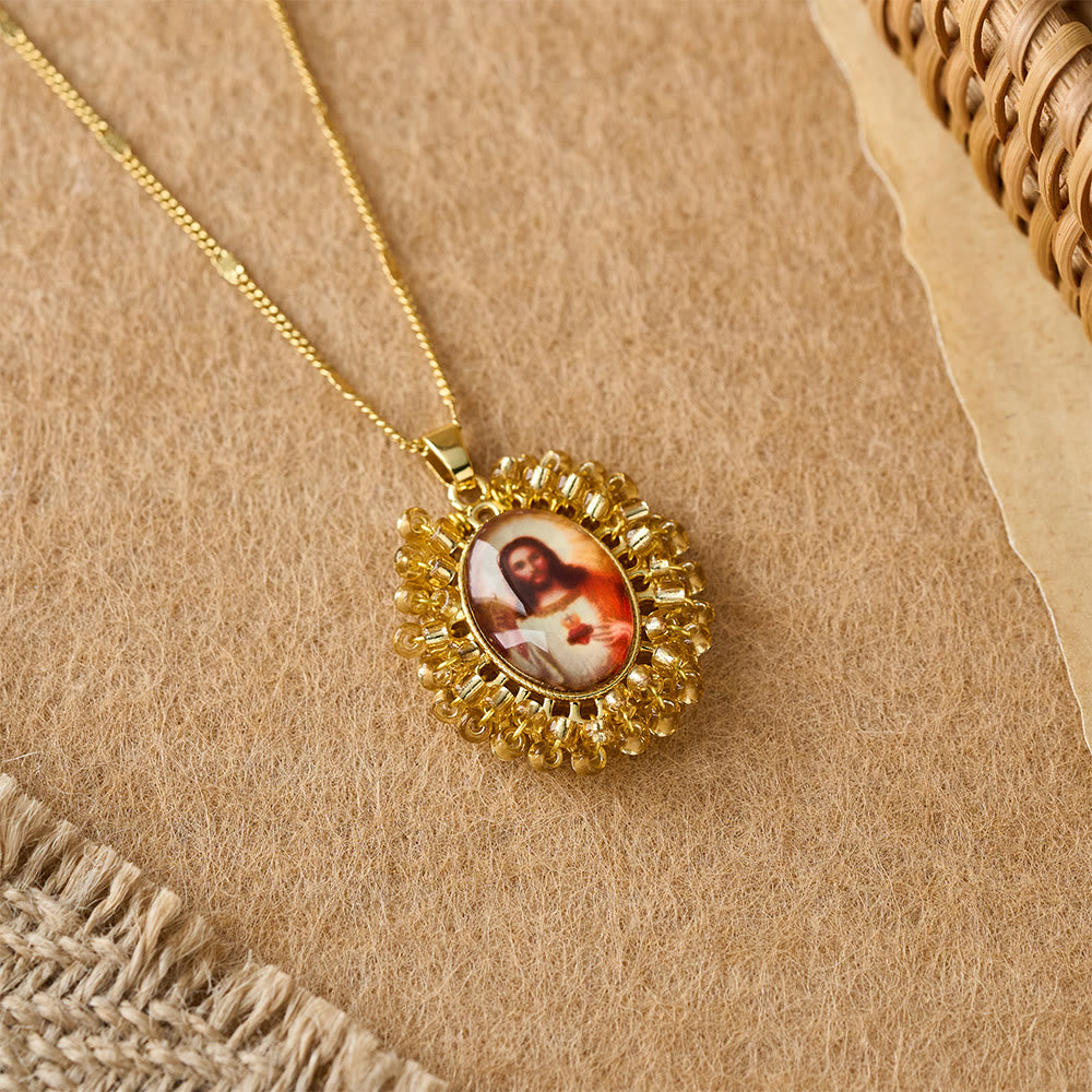 Marian Icon Beaded Oval Pendant Necklace