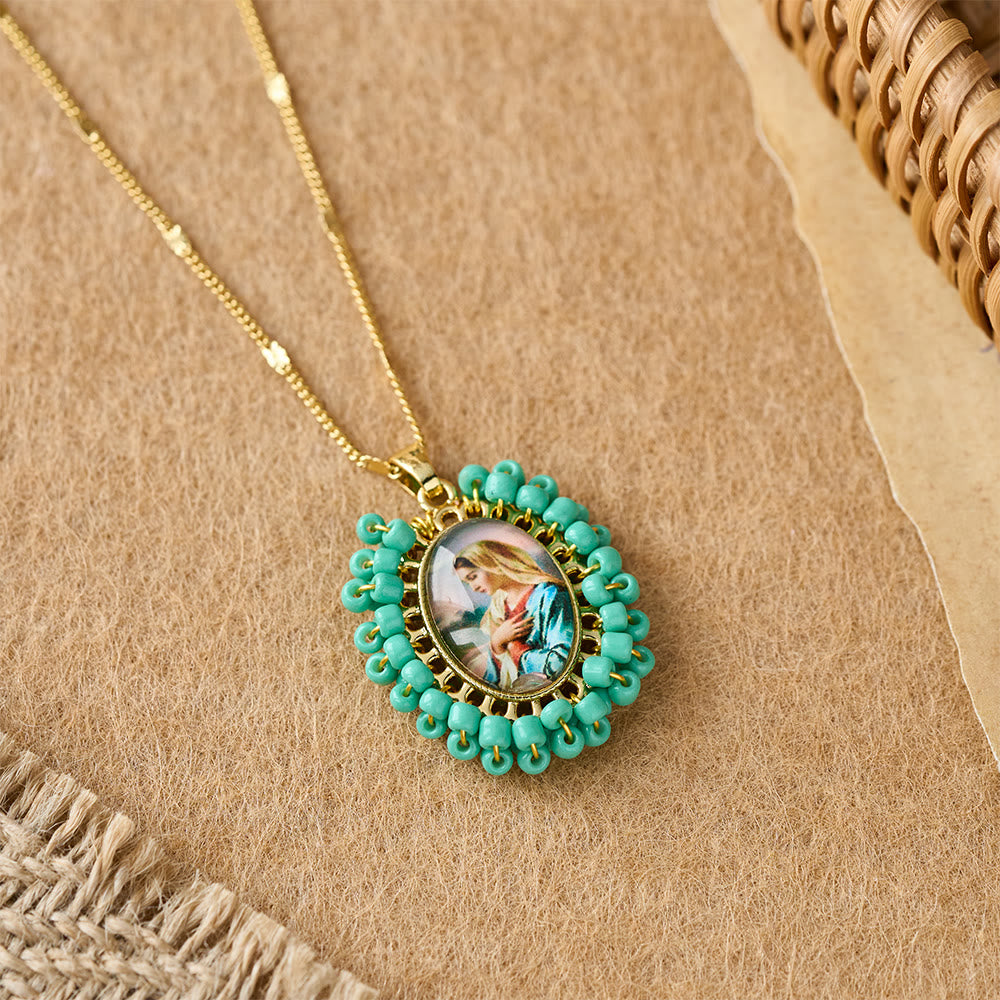 Marian Icon Beaded Oval Pendant Necklace