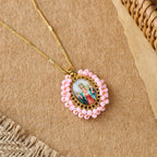 Marian Icon Beaded Oval Pendant Necklace