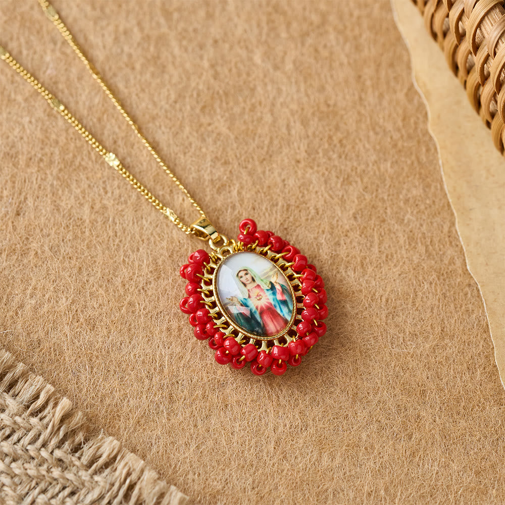 Marian Icon Beaded Oval Pendant Necklace