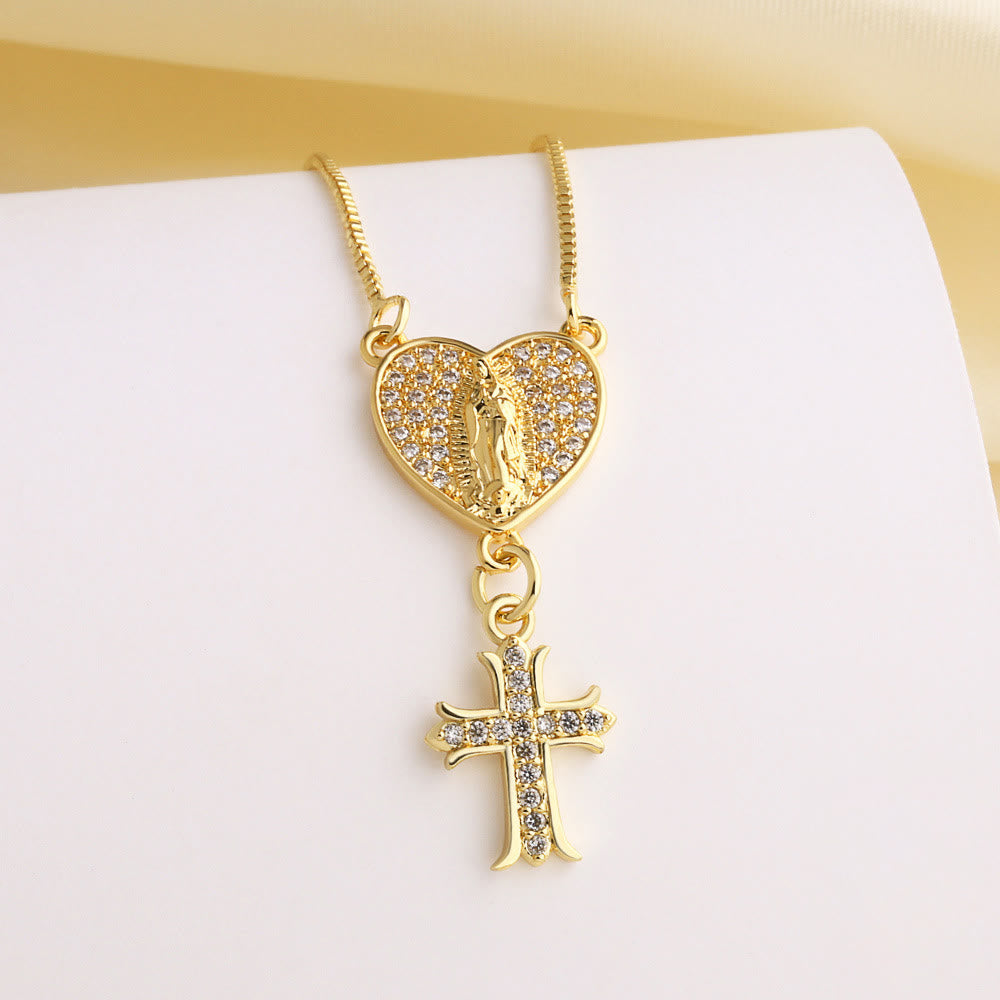 Zircon-Encrusted Our Lady & St. Benedict Cross Heart Necklace